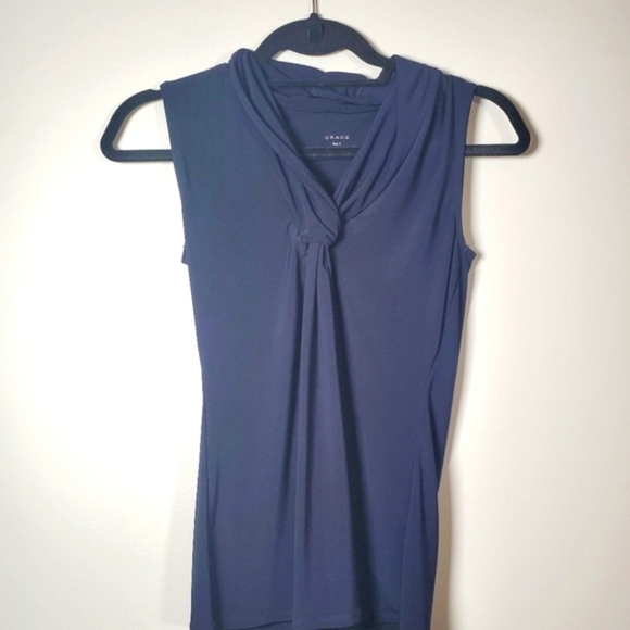 Grace Navy Blue Knot V Neck Sleeveless Top Size Small - Picture 4 of 7